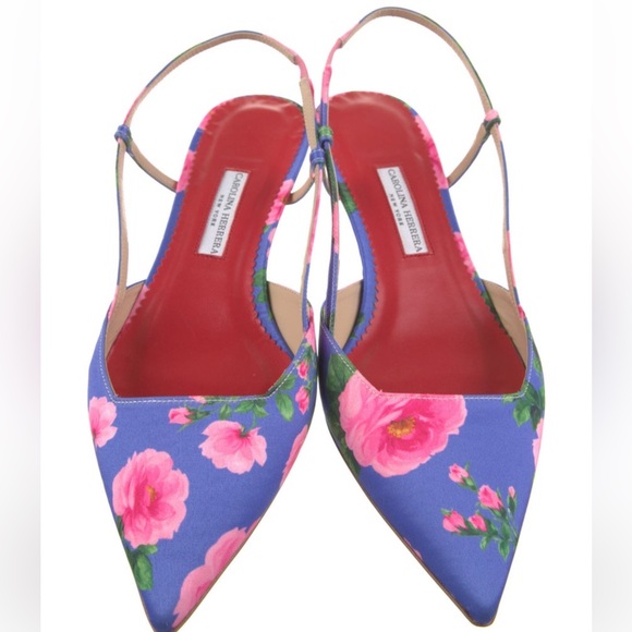 Carolina Herrera Floral Blue and Pink Slingback Kitten Heels - Picture 3 of 6
